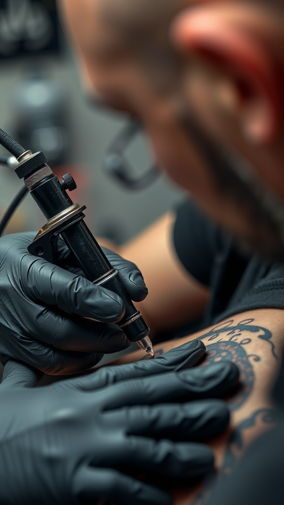 A tattoo artist using a tattoo machine on a client's skin.