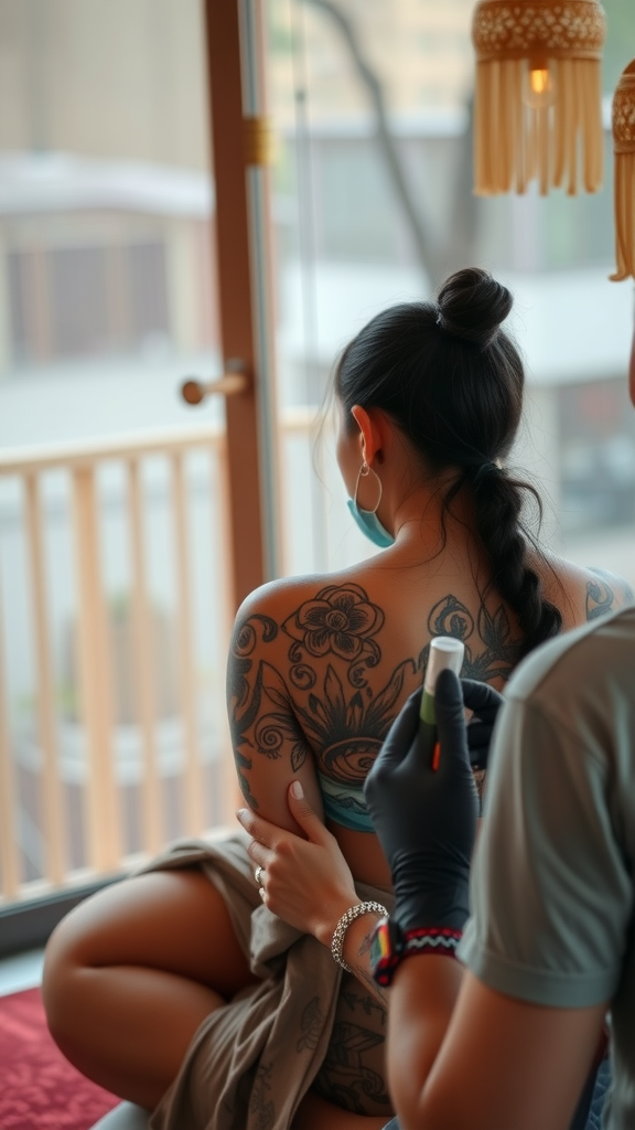 A person receiving a tattoo, showcasing intricate designs on their back in a serene atmosphere.