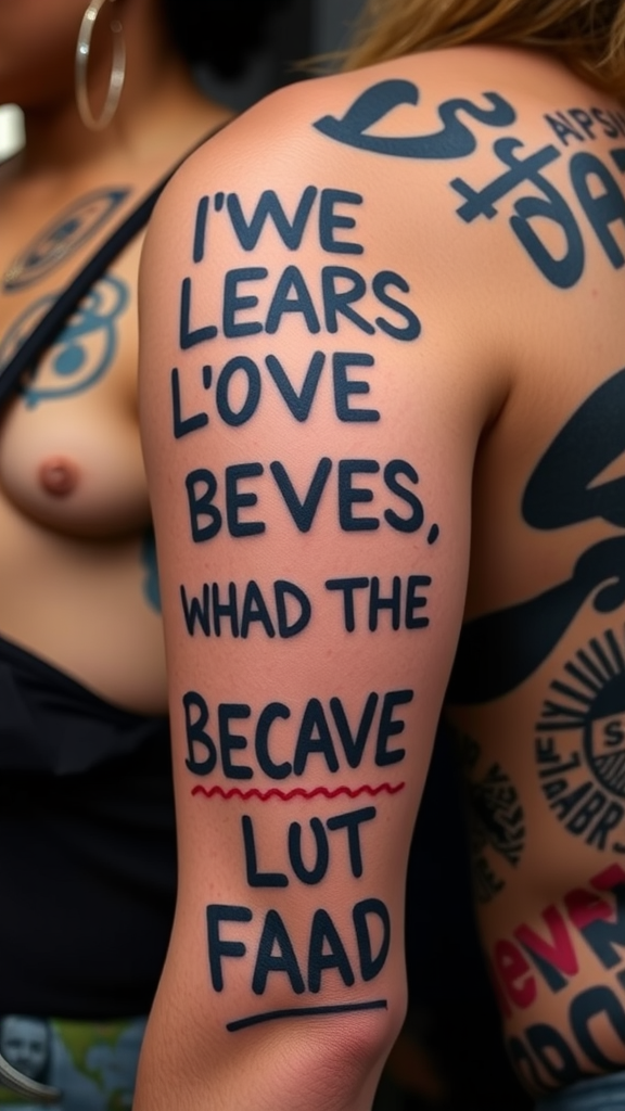 Close-up of a tattooed arm featuring bold phrases promoting love and understanding.