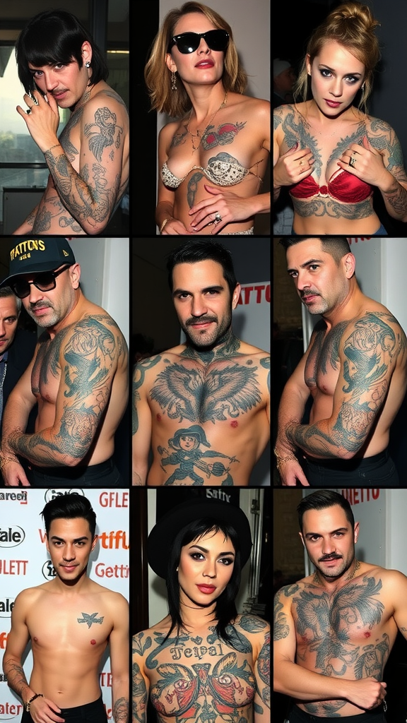 A collage of individuals showcasing various tattoos on their bodies.