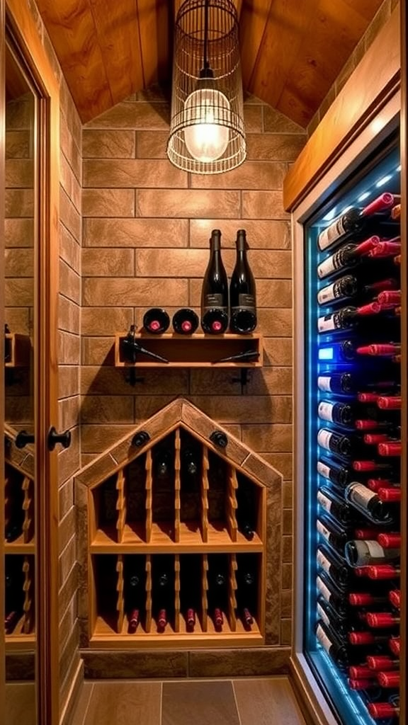 A cozy wine cellar with wooden shelves displaying various bottles of wine.