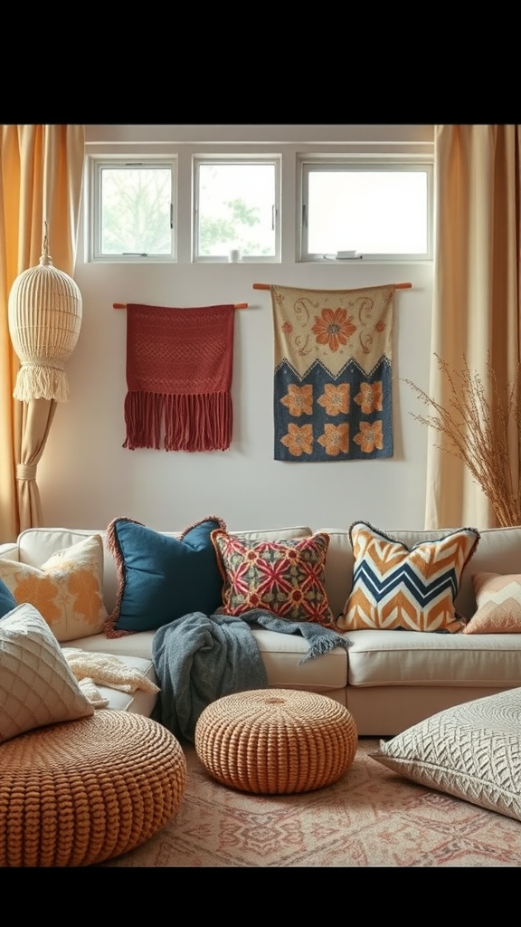 Cozy living room with a mix of textiles including pillows, poufs, and wall hangings