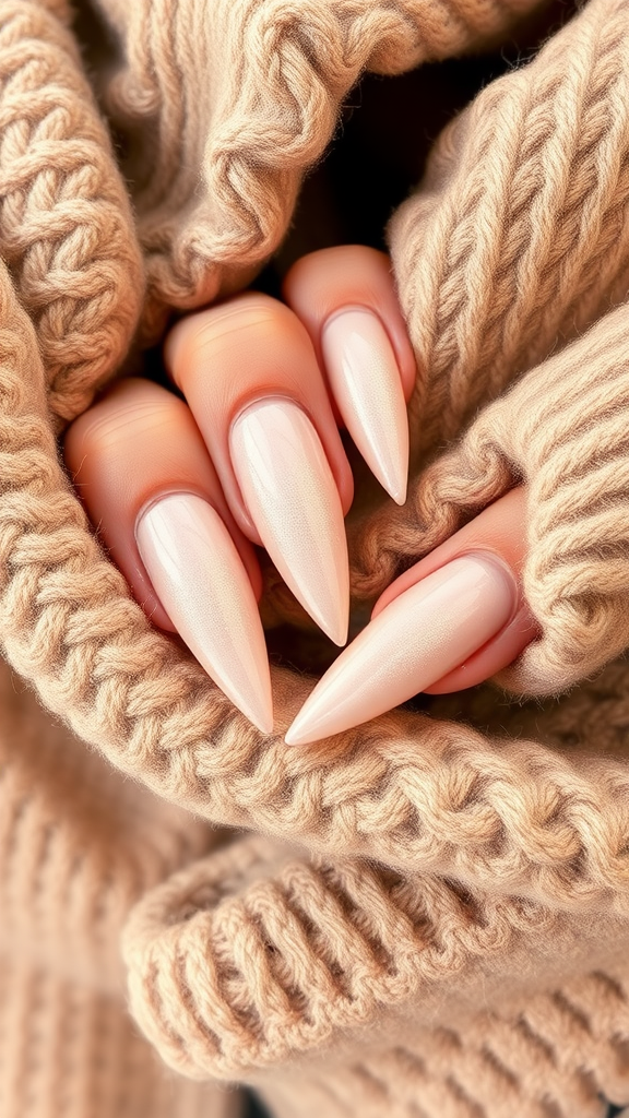 Close-up of hands with long, pointed nails in a textured beige color, wrapped in a soft beige knit scarf.