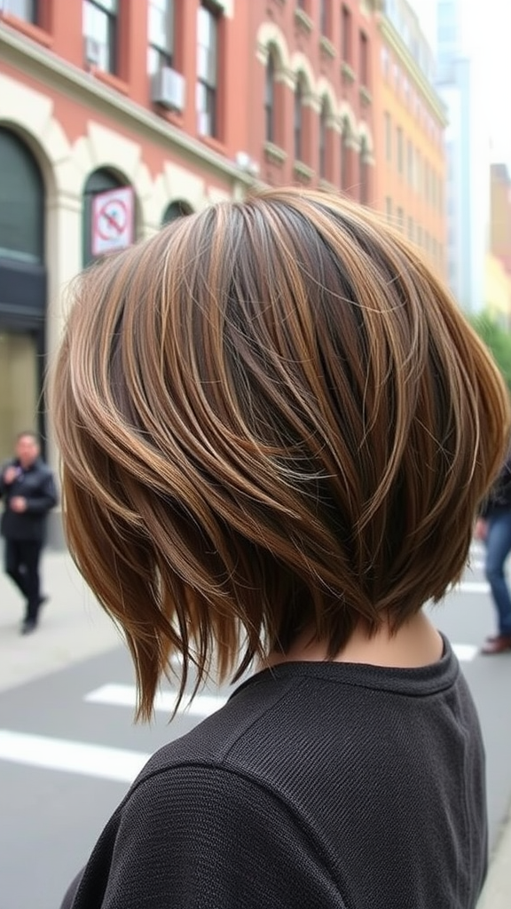 A stylish textured bob haircut with soft layers and waves.