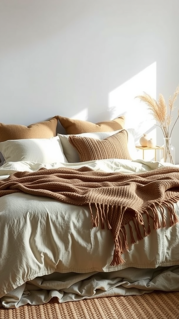 Cozy bedroom with layered bedding and textured fabrics