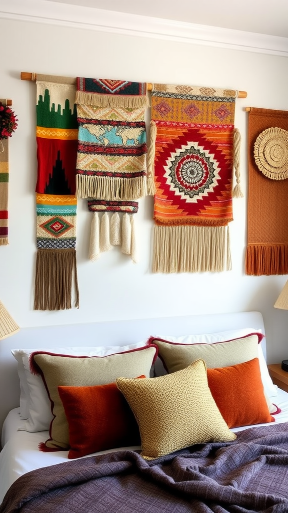 An arrangement of colorful woven tapestries hanging on a wall above a bed with decorative pillows.