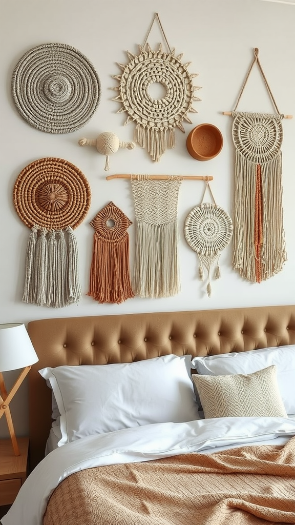 A cozy bedroom featuring various textured wall hangings made of macramé and woven materials, creating depth and warmth.
