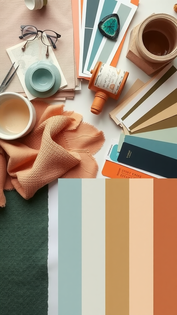 A collection of color swatches, fabric, and creative tools arranged on a surface.