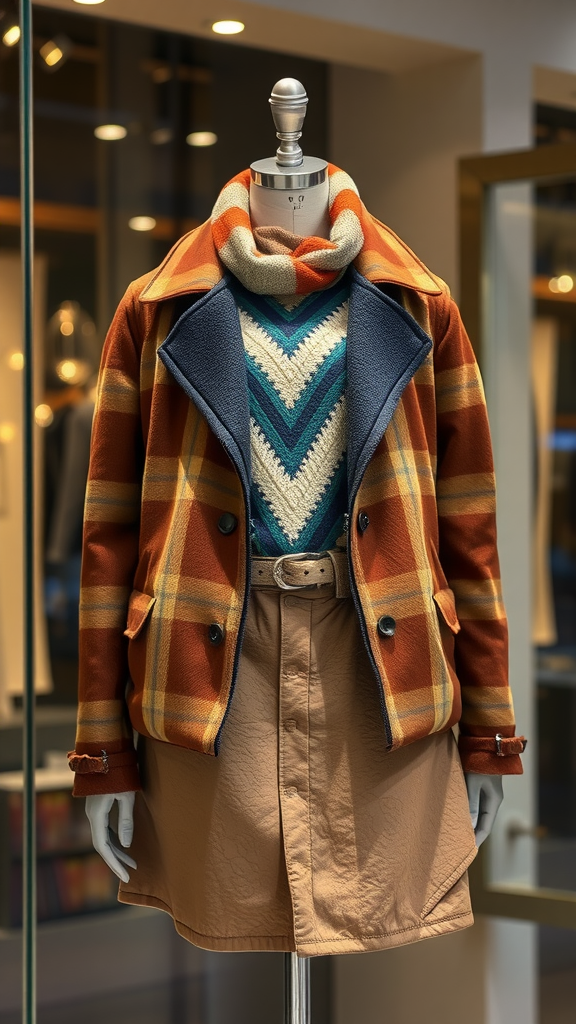 A mannequin dressed in a layered outfit featuring a plaid coat, knitted sweater, and a stylish skirt.