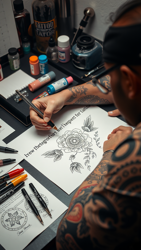 Tattoo artist designing a floral tattoo with various art supplies around