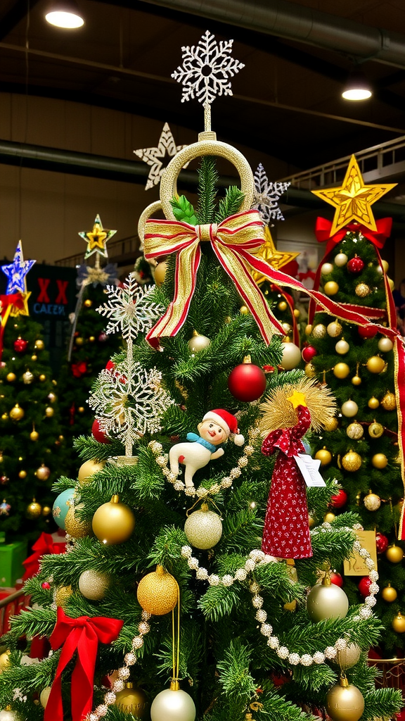 A beautifully decorated Christmas tree with golden and red ornaments, topped with a snowflake and a colorful bow.