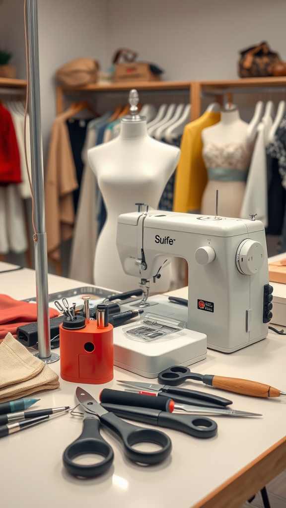 A sewing station with a sewing machine, scissors, and various tailoring tools.