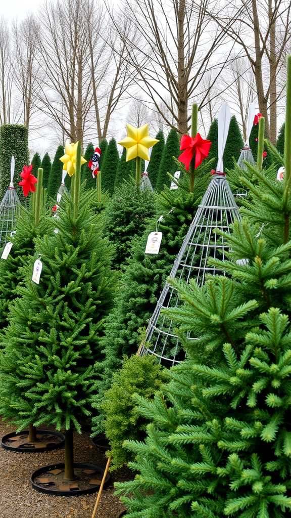 A variety of Christmas trees displayed outdoors, some decorated with bright stars and bows, ready for the holiday season.