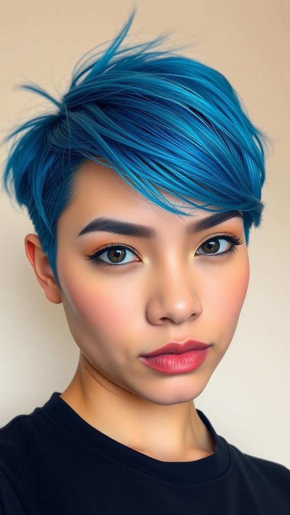 A person with striking blue hair, showcasing a bold hairstyle and makeup.