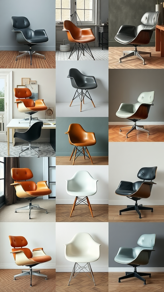 Various Eames chairs in different colors and styles arranged in a grid.