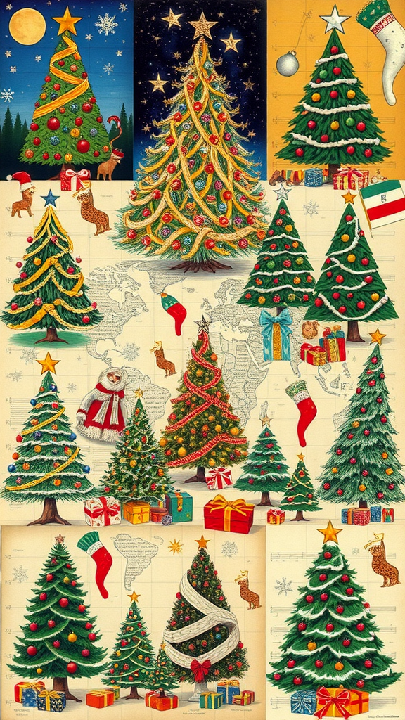 A collage of various Christmas trees, showcasing different styles and decorations, against a festive background.