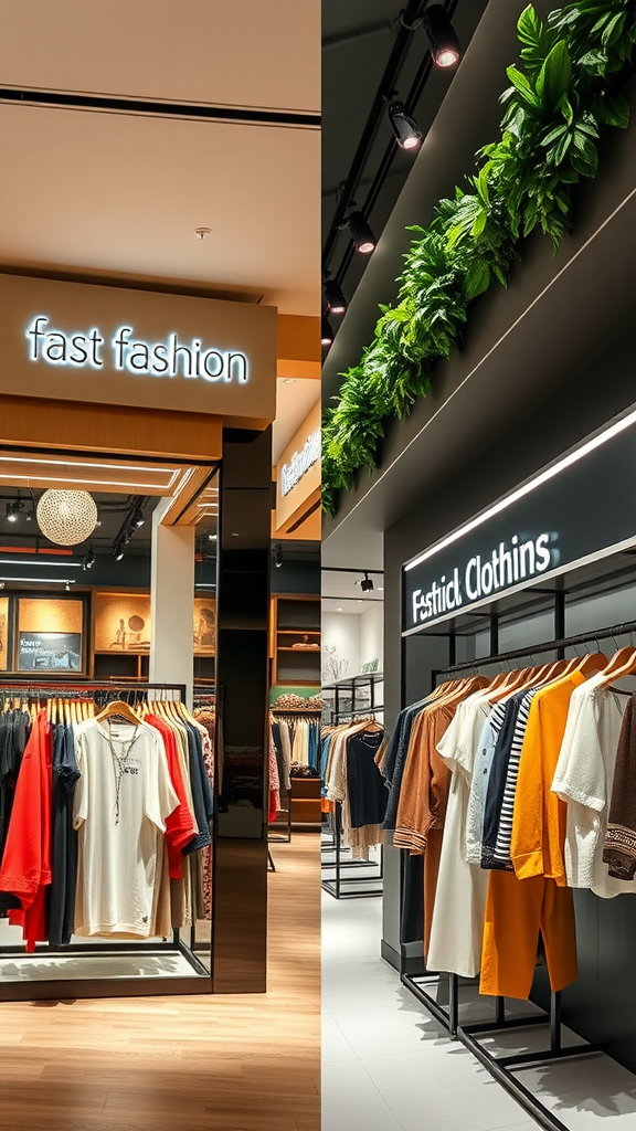 A modern fast fashion store showcasing colorful clothing and a prominent 'fast fashion' sign.