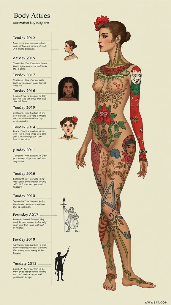 A visual timeline of body art evolution with illustrations and descriptions for each year from 2011 to 2019.