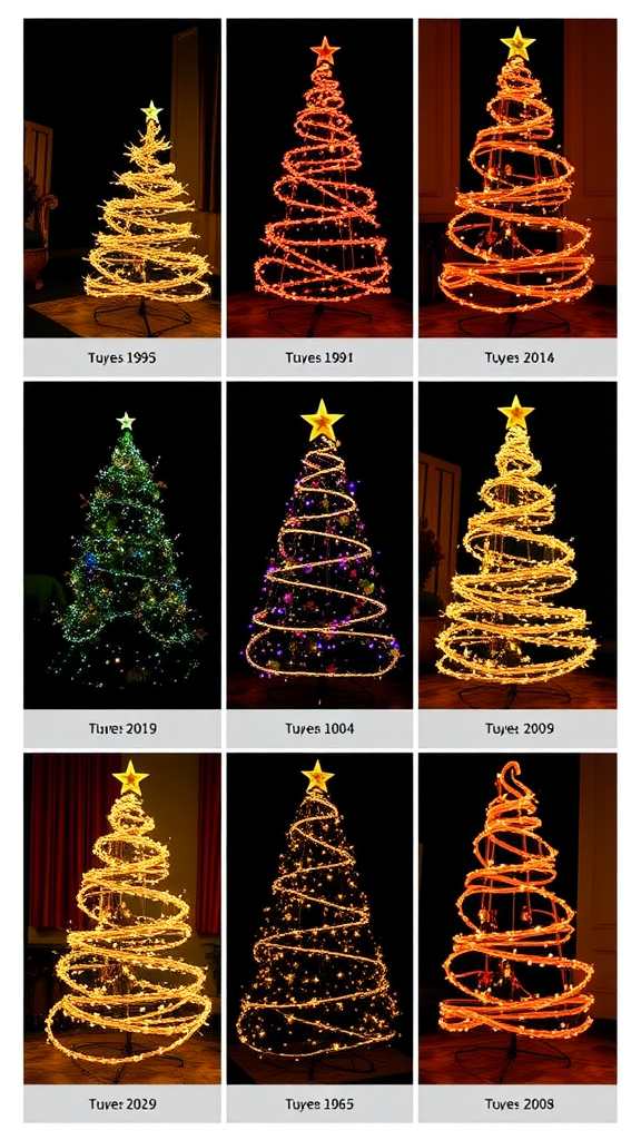 A collage of Christmas trees with lights from different years, showcasing the evolution of styles from 1991 to 2029.