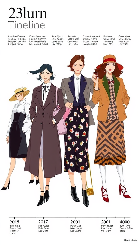 Illustration showing a timeline of fashion trends with various outfits from 2015 to 4000.