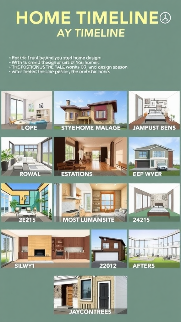 A timeline displaying different home designs showcasing the evolution of home architecture.