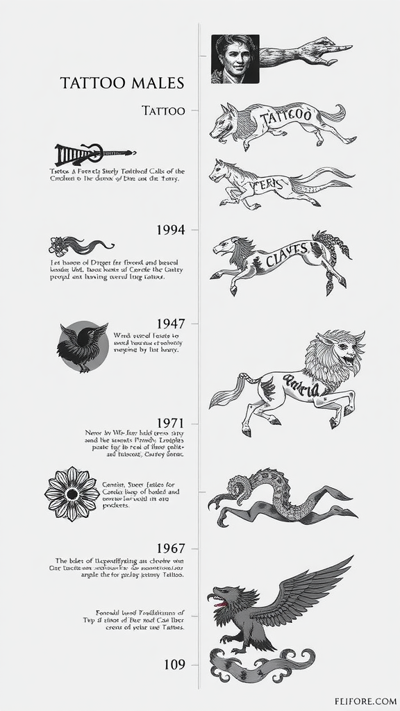 Timeline illustrating the evolution of tattoo styles from 1947 to 1994