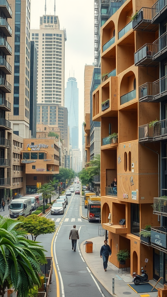 A street view showcasing cardboard housing alongside tall buildings in an urban setting.
