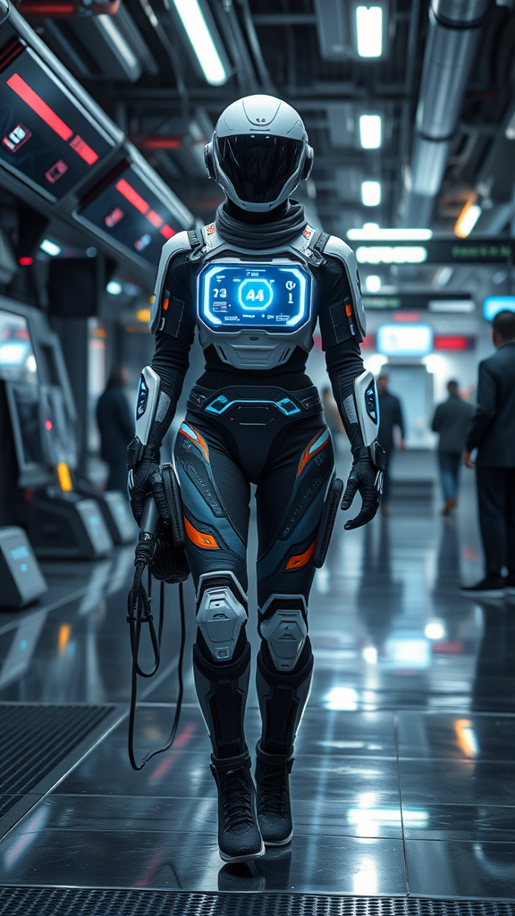A futuristic figure wearing a high-tech smart outfit in a modern environment.