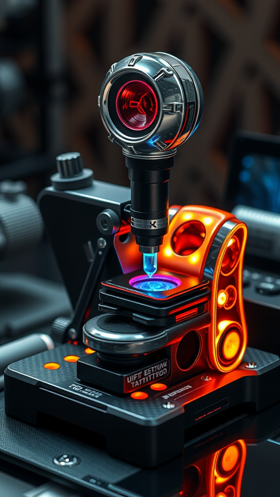 A futuristic tattoo machine with vibrant colors and advanced features.