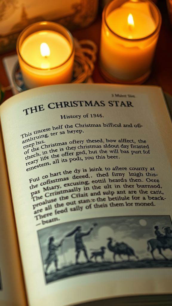 An open book titled 'The Christmas Star' with a candle-lit background, discussing the history of the Christmas star tradition.