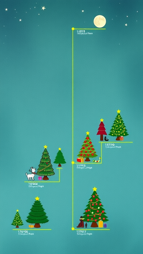 A colorful illustration showing the evolution of Christmas trees from 1070 to modern times.