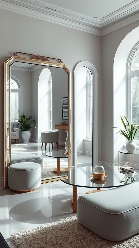A stylish interior featuring a large mirror, elegant furniture, and natural light.