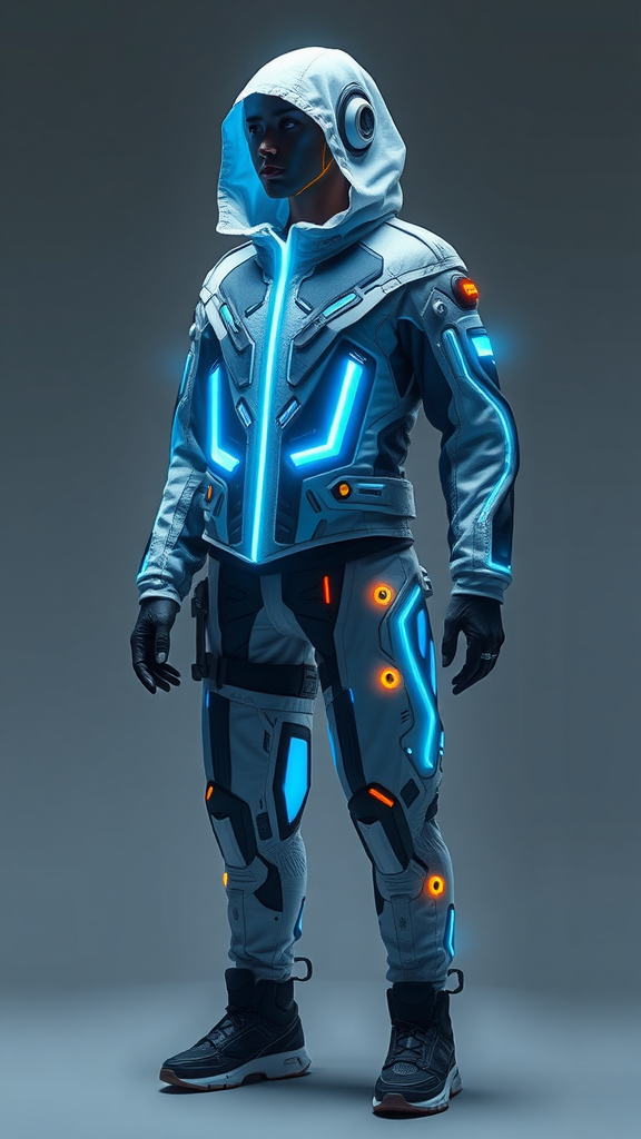 Futuristic clothing design with vibrant lights and a sleek appearance