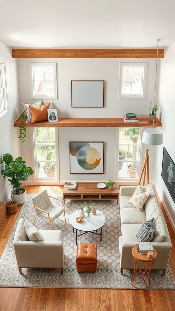 A cozy living room with light-colored furniture, a wooden shelf, and plants.