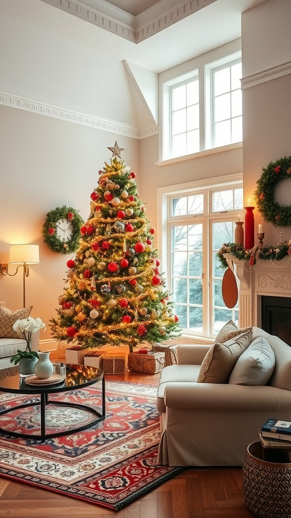 A beautifully decorated Christmas tree in a cozy living room with natural light.