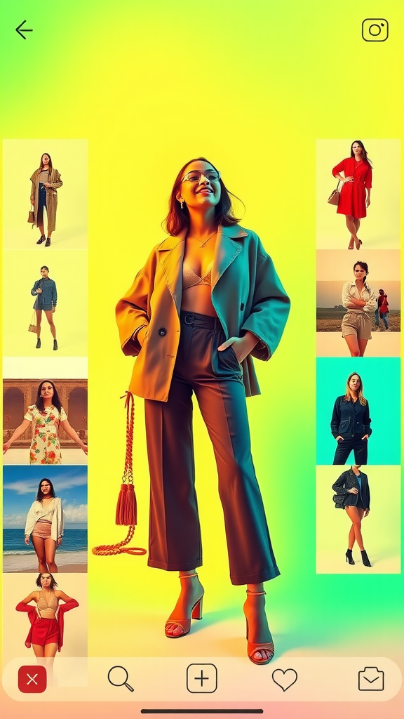 A confident model posing in a stylish outfit, surrounded by various fashion looks in smaller images.