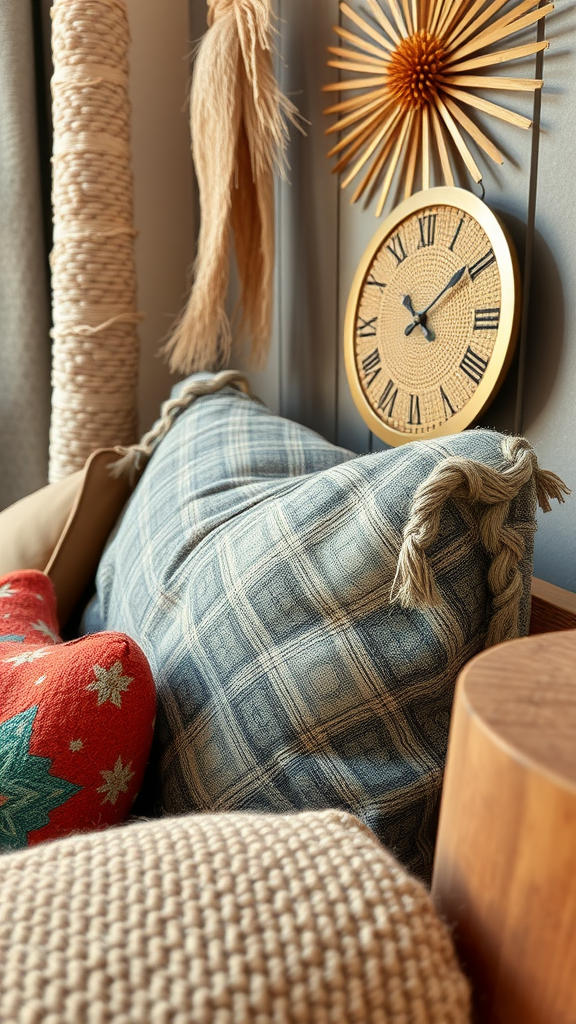 A cozy corner featuring a variety of textured cushions, a woven clock, and natural decor.