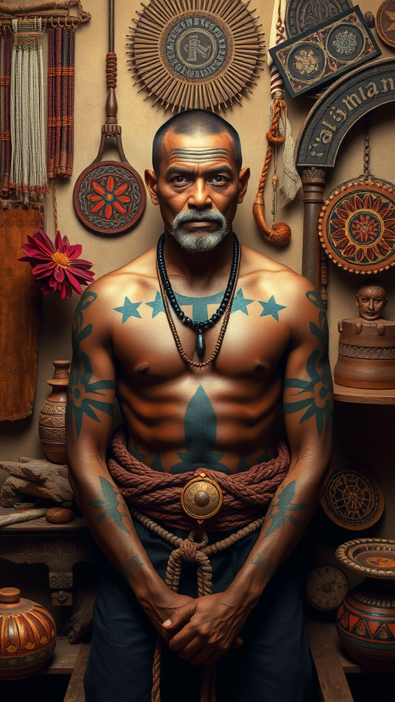 A man with tribal tattoos stands in front of cultural artifacts, showcasing the influence of traditional tribal tattoos.