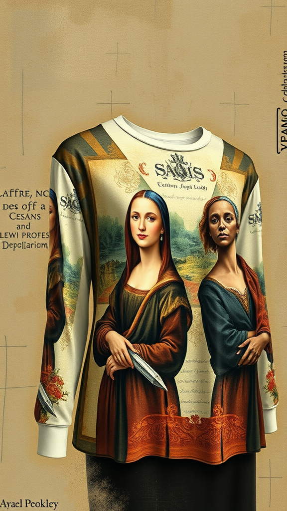 A stylish shirt featuring designs inspired by classic art, showcasing figures from famous paintings.
