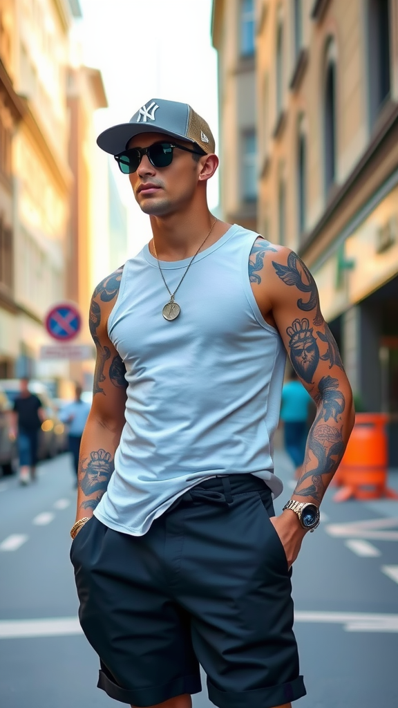 A stylish man with tattoos walking down a city street wearing a tank top and cap.