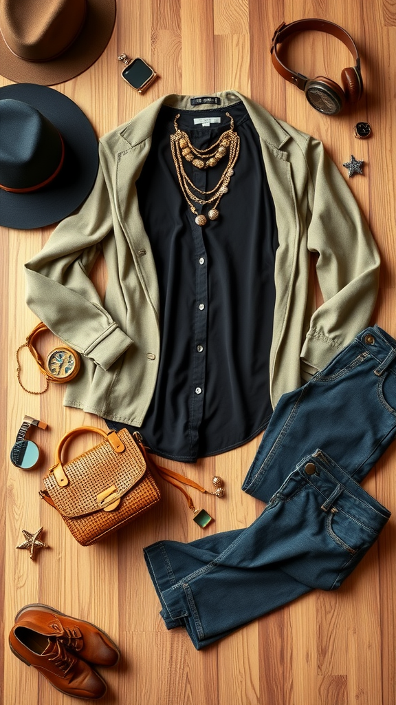 An outfit laid out with a blazer, black shirt, jeans, accessories including hats, a handbag, and shoes.