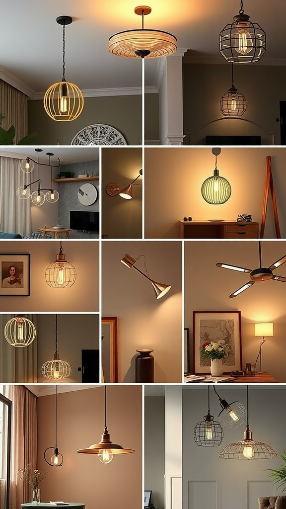 A collage of various light fixtures in different styles and designs, showcasing the impact of lighting in interior spaces.