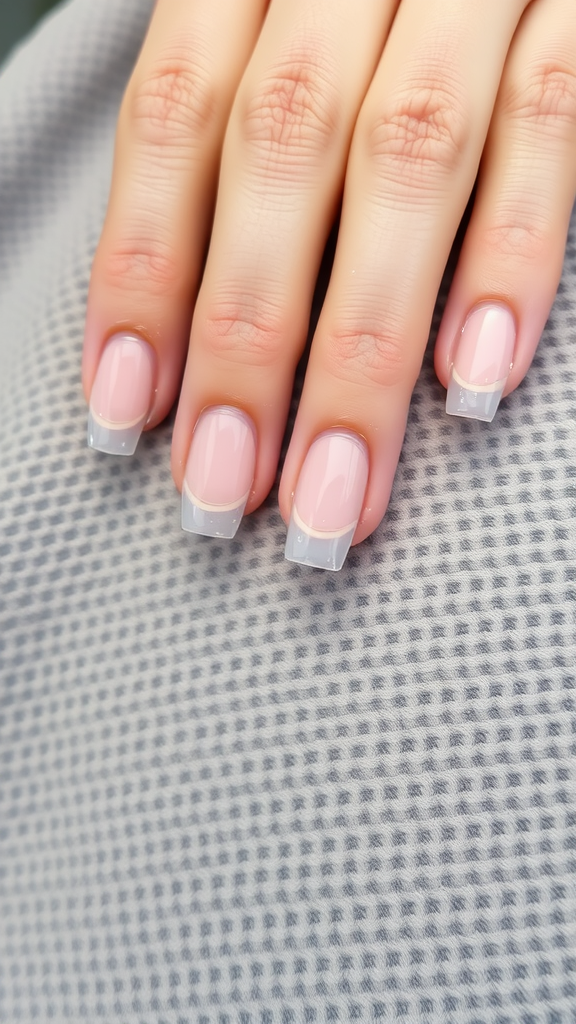 Close-up of manicured square nails with a light pink base and French tips.