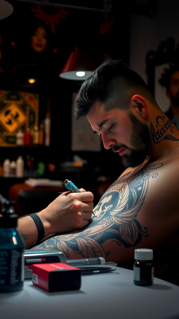 A tattoo artist in a studio, focusing on inking a detailed design on a client's arm.