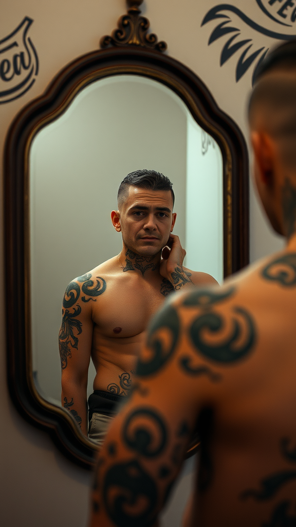 A man with tattoos standing in front of a mirror, reflecting on his body art.