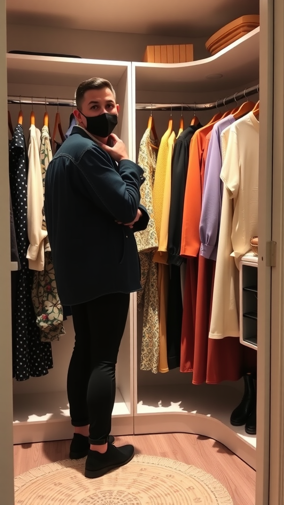 A person in front of a closet filled with colorful clothing.