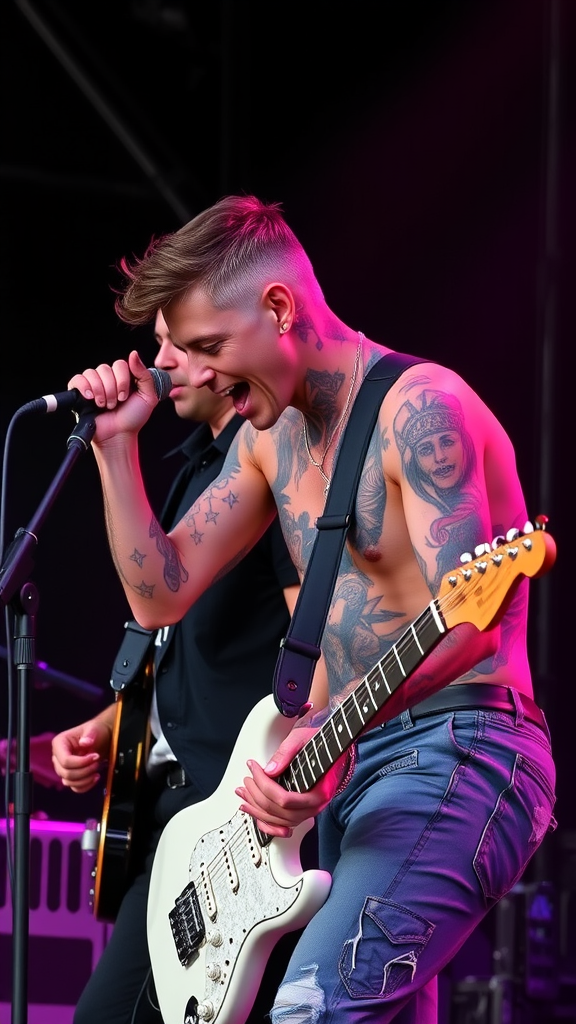 A tattooed singer passionately performing on stage with a guitar