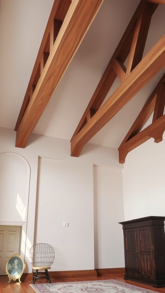 Interior design featuring wooden beams and a cozy chair