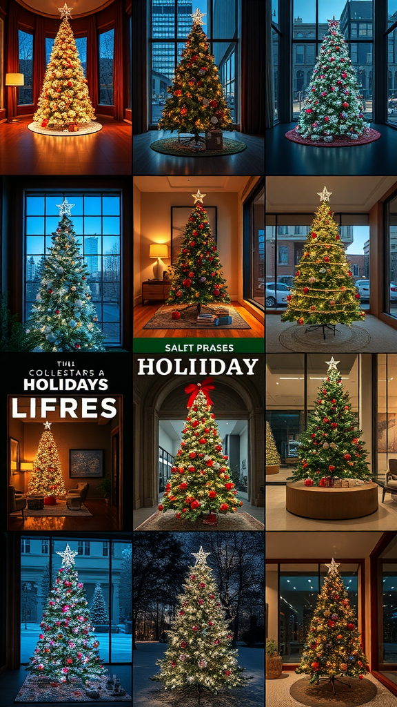 A collage of decorated Christmas trees in various settings