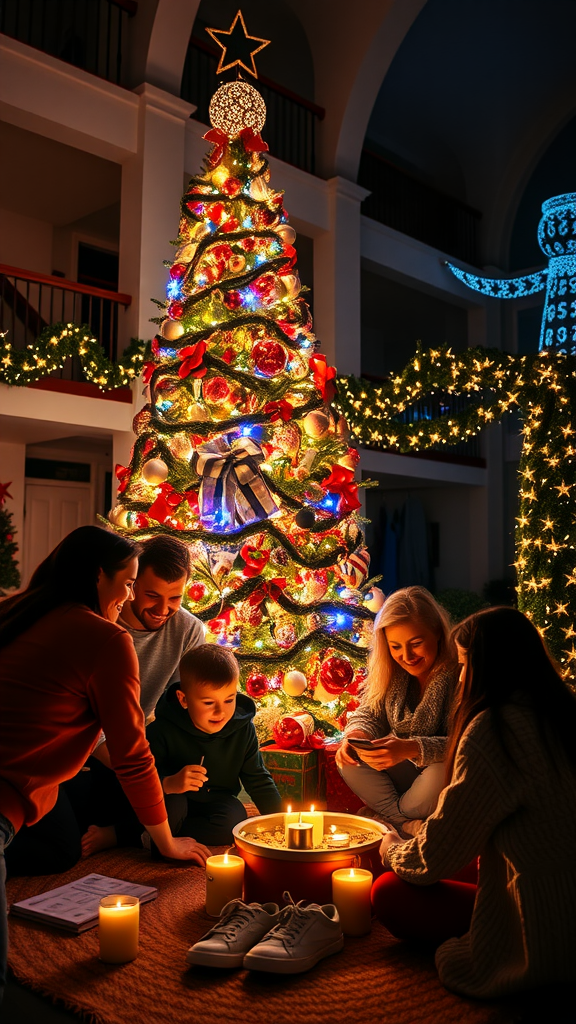 A family gathered around a beautifully decorated Christmas tree, sharing joyful moments together.